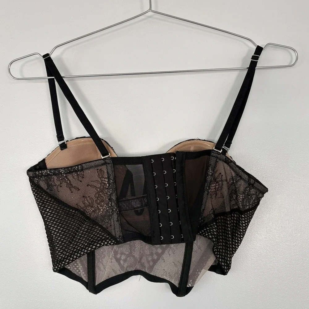 Victoria's Secret Bustier Womens 36B Black Lace Longline Strapless Boned Top‎